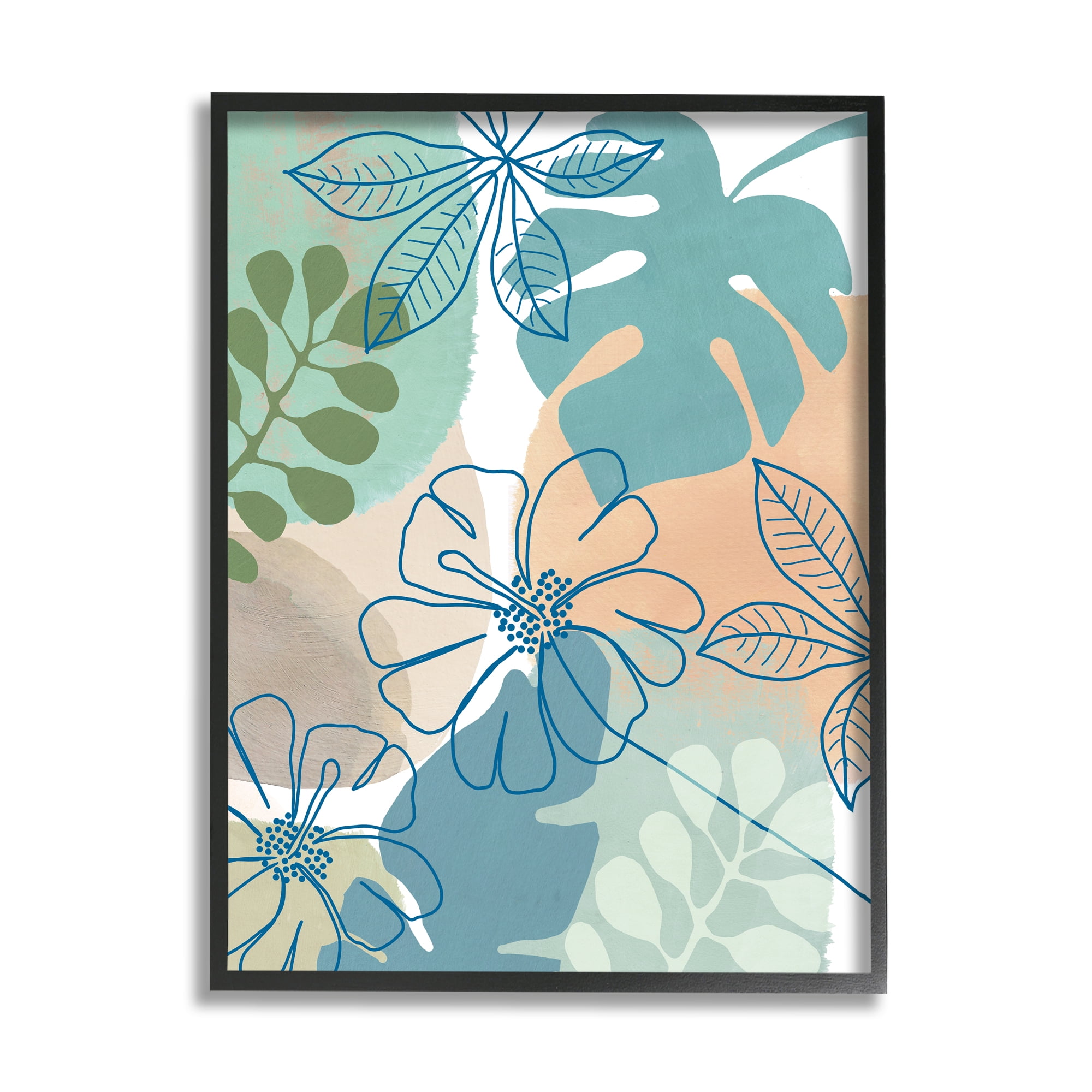 Stupell Industries Tropical Hibiscus and Monstera Florals Abstract Shapes Botanical & Floral Painting Black Framed Art Print Wall Art, 24 x 30