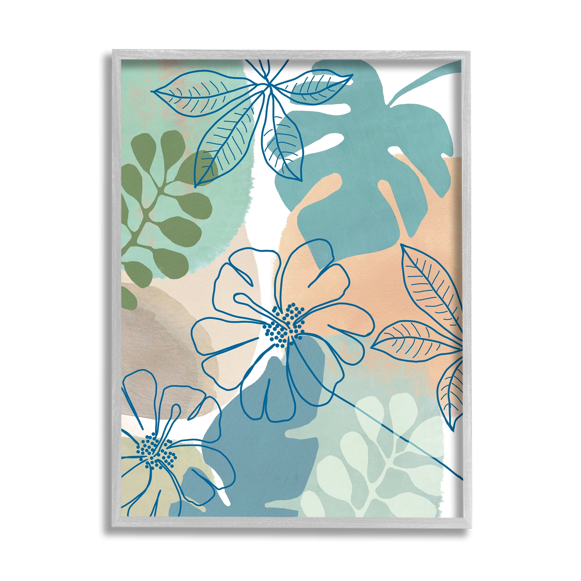 Stupell Industries Tropical Hibiscus and Monstera Florals Abstract Shapes Botanical & Floral Painting Gray Framed Art Print Wall Art, 16 x 20