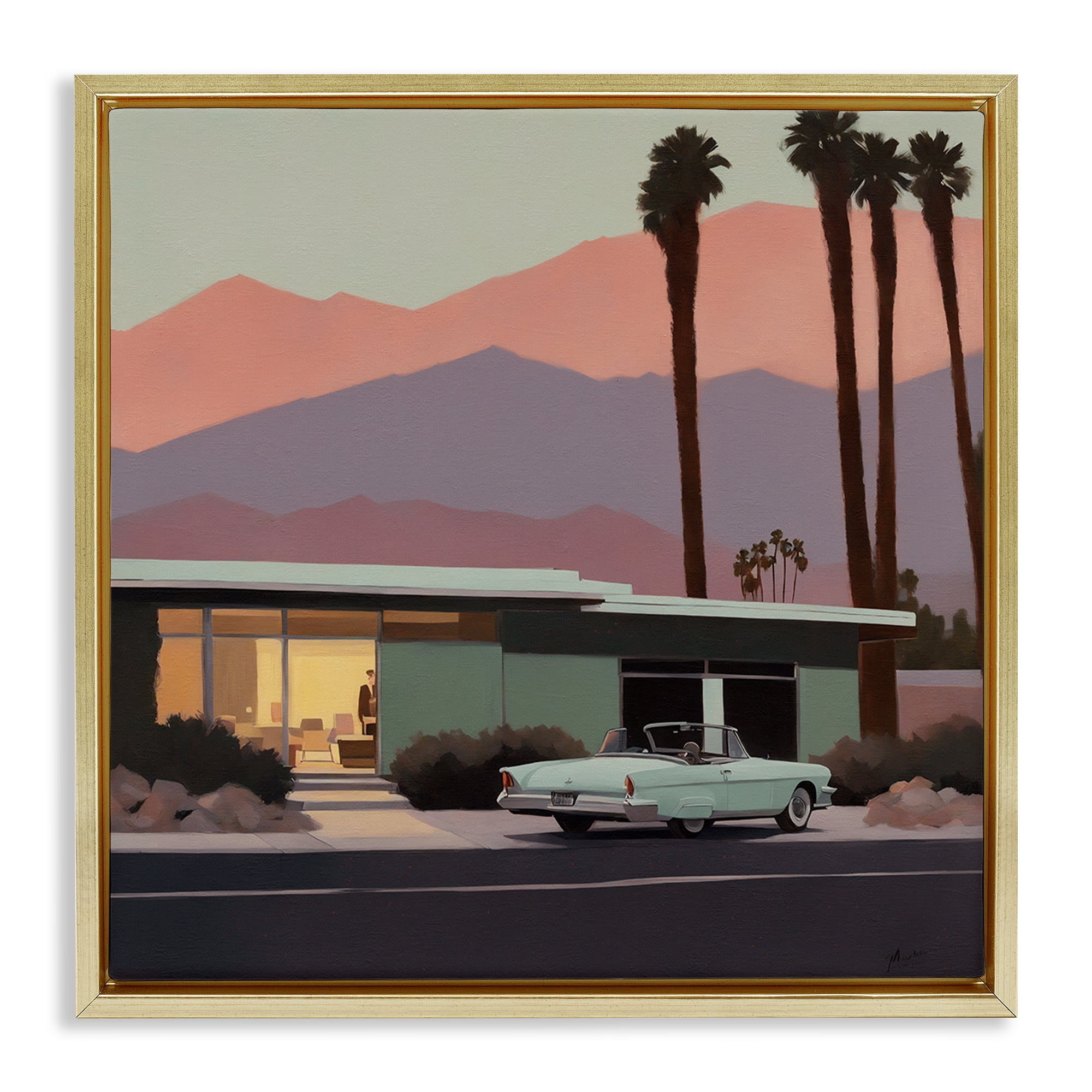 Stupell Industries Tropical House & Car Transportation Painting Gold Floater Framed Canvas Art Print Wall Art, 18 x 18