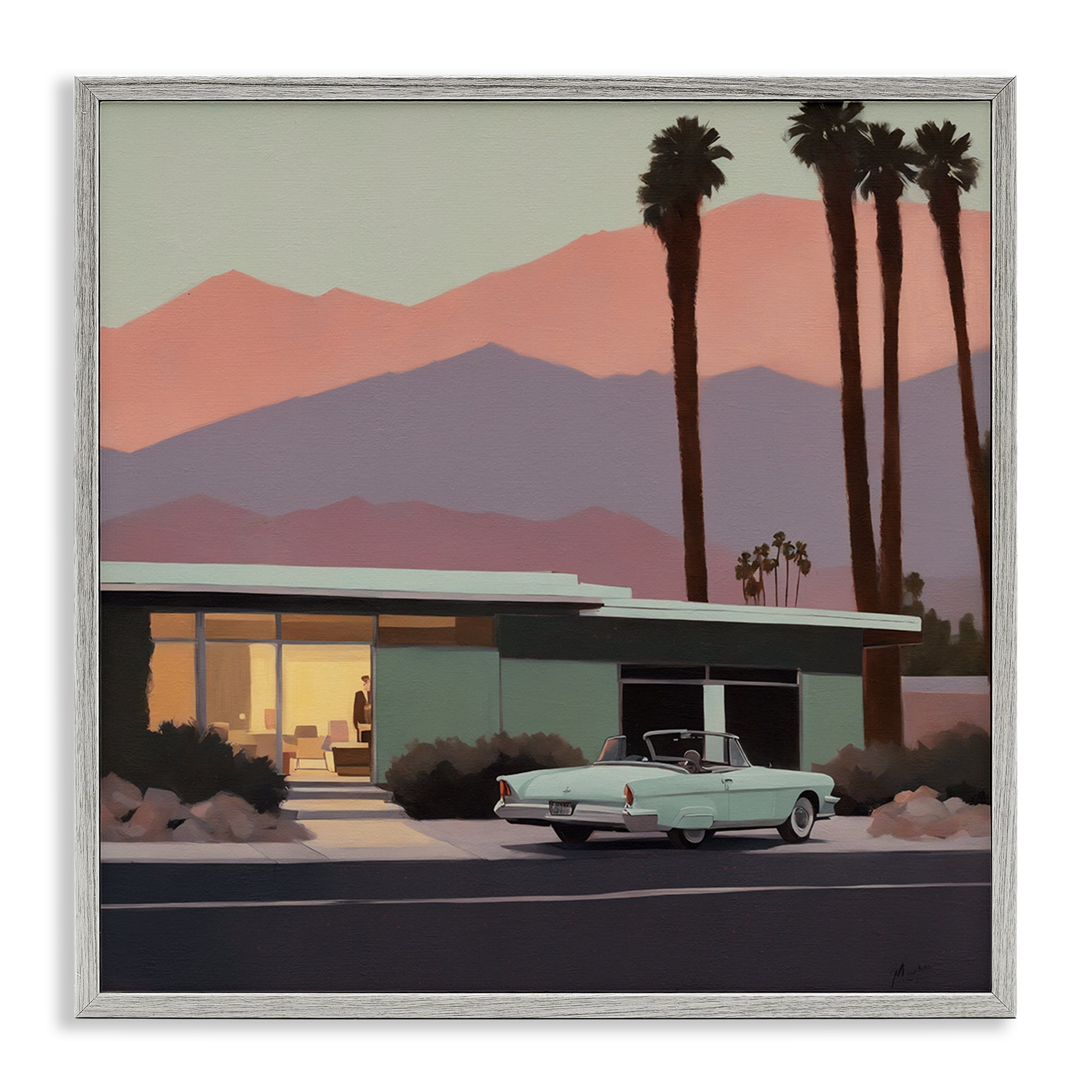 Stupell Industries Tropical House & Car Transportation Painting Gray Framed Art Print Wall Art, 12 x 12