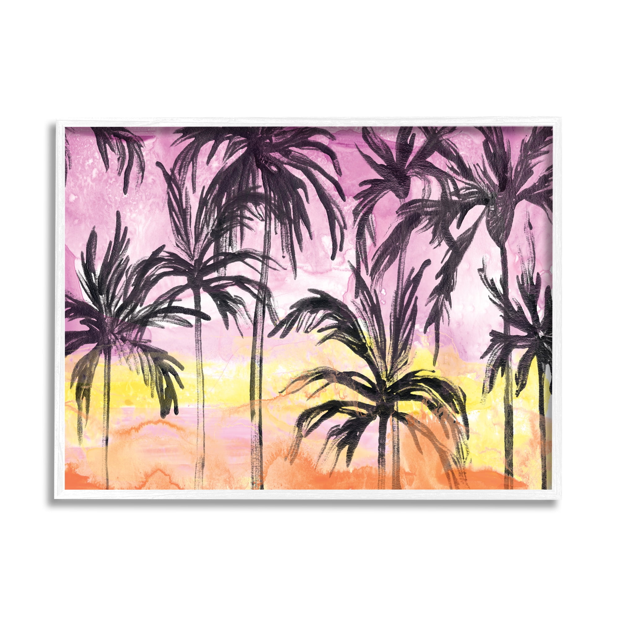 Tropical Sunset Palm Trees Canvas Print in White Frame