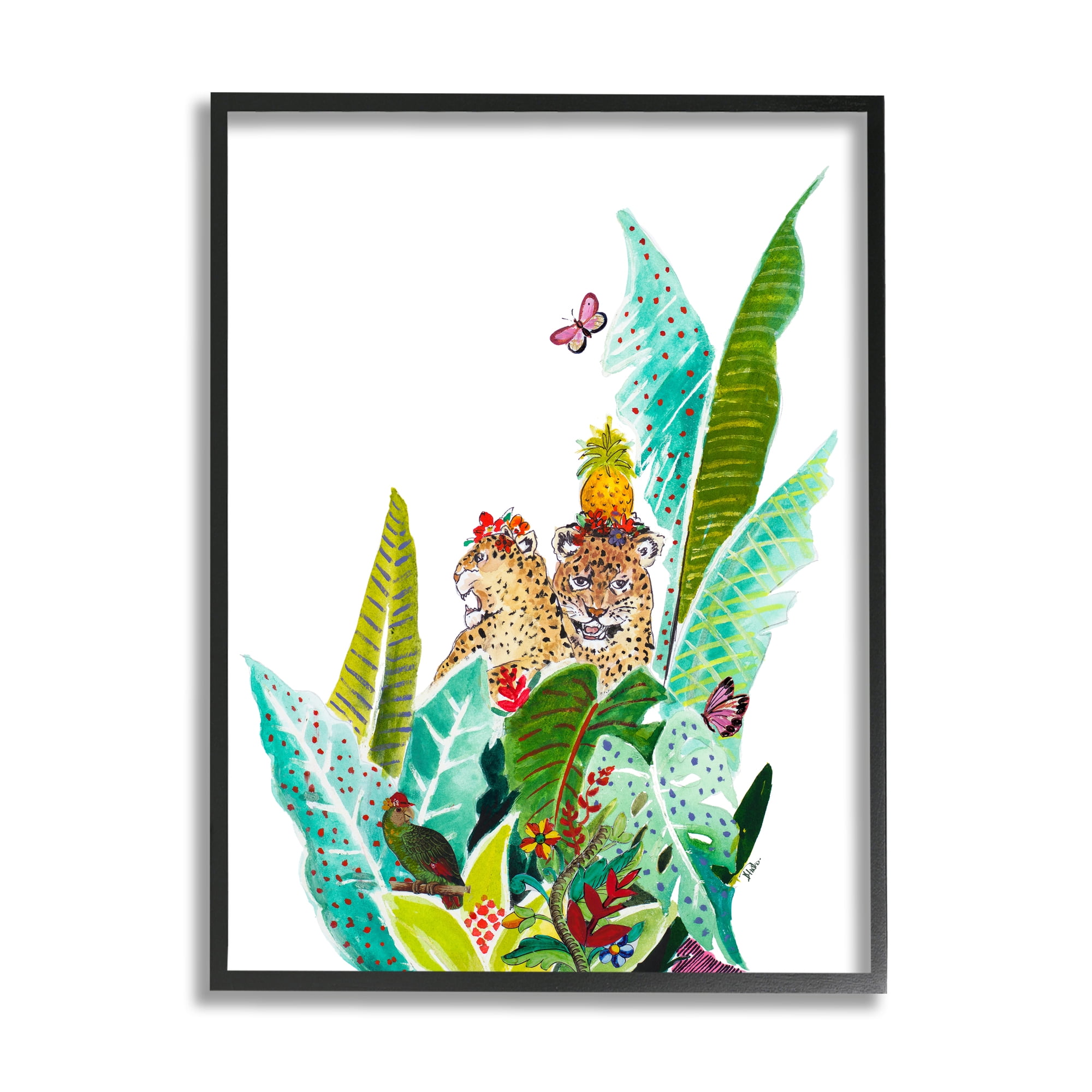 Tropical Jungle Cats Abstract Pattern Canvas Print in Black Frame
