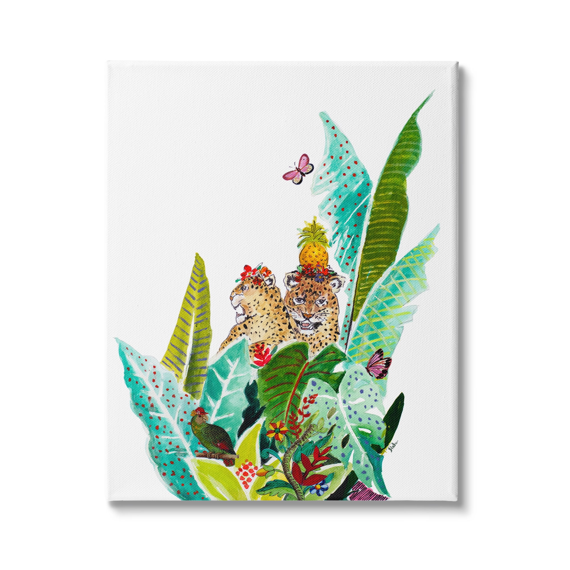Stupell Industries Tropical Jungle Cats Behind Abstract Pattern Palms Butterfly, 36 x 48, Design by Patricia Pinto