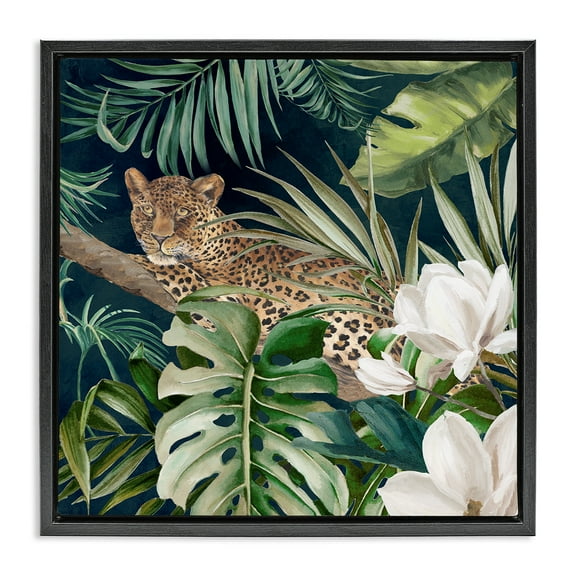 Stupell Industries Tropical Jungle Leopard Animals Painting Black Floater Framed Canvas Art Print Wall Art, 18 x 18