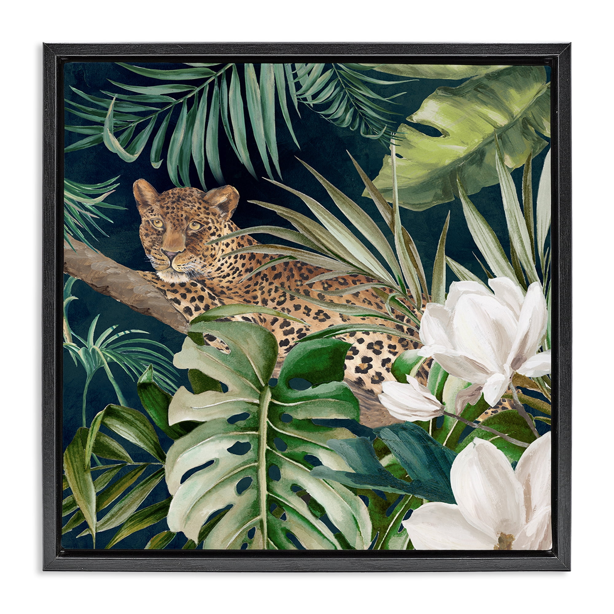 Stupell Industries Tropical Jungle Leopard Animals Painting Black Floater Framed Canvas Art Print Wall Art, 25 x 25
