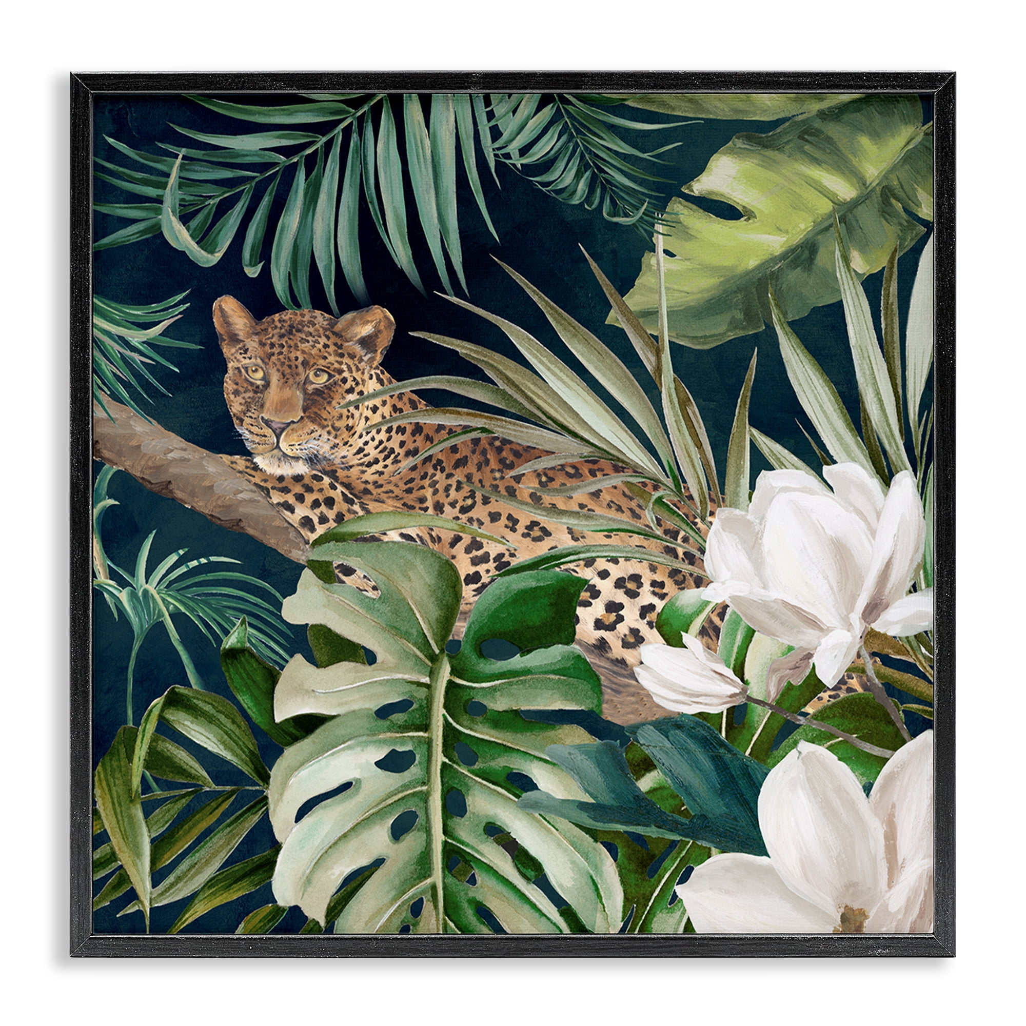 Stupell Industries Tropical Jungle Leopard Animals Painting Black Framed Art Print Wall Art, 12 x 12