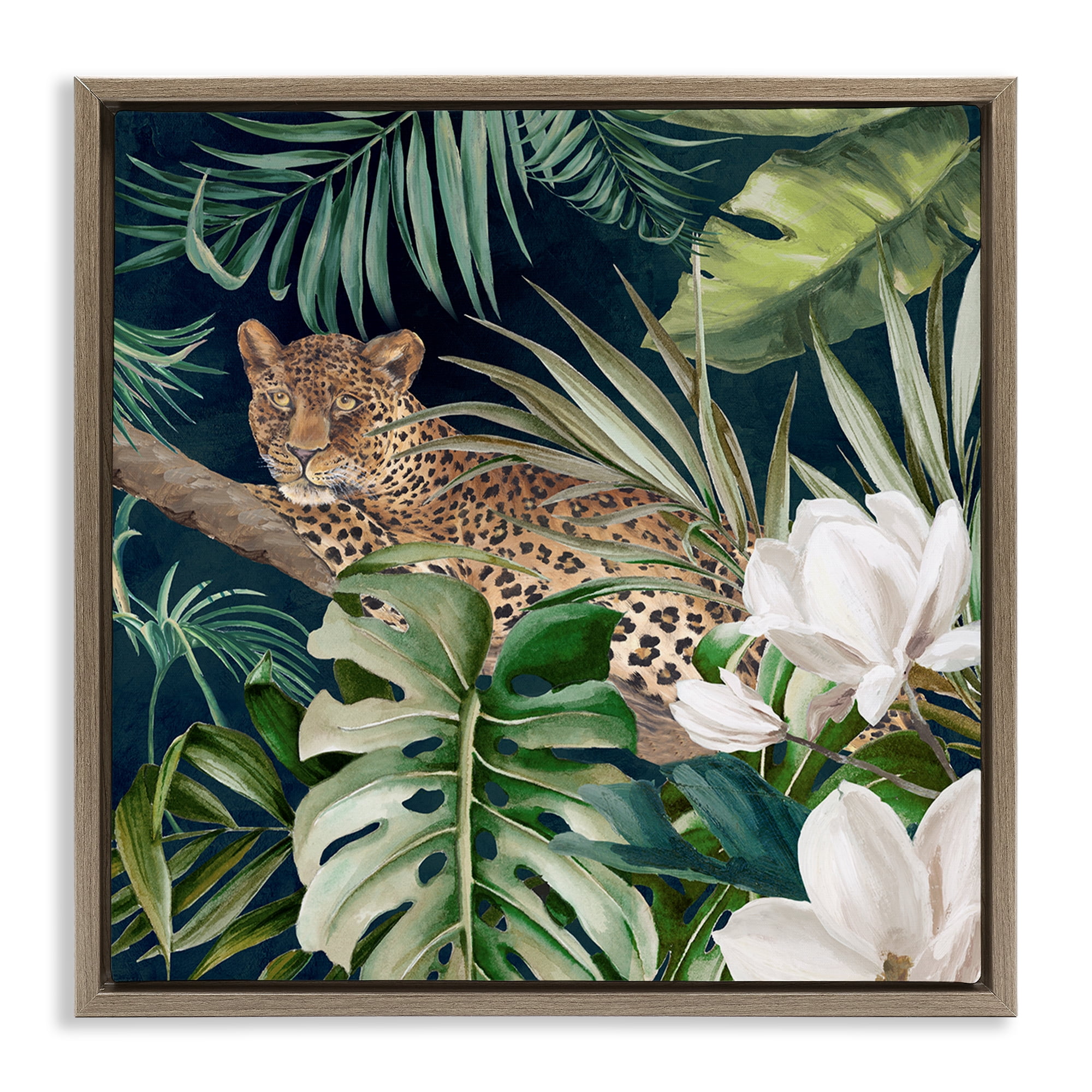 Stupell Industries Tropical Jungle Leopard Animals Painting Brown Floater Framed Canvas Art Print Wall Art, 18 x 18