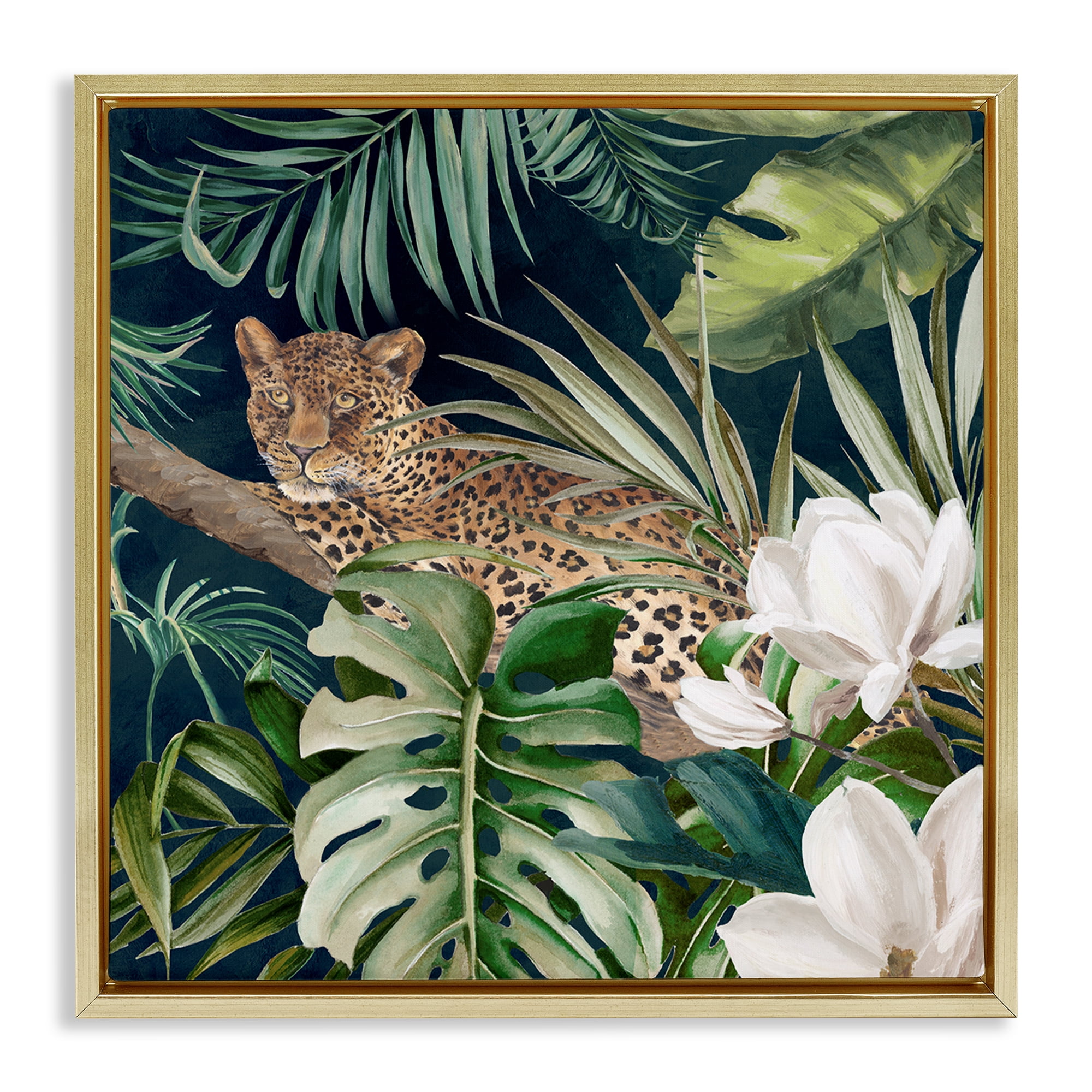 Stupell Industries Tropical Jungle Leopard Animals Painting Gold Floater Framed Canvas Art Print Wall Art, 18 x 18