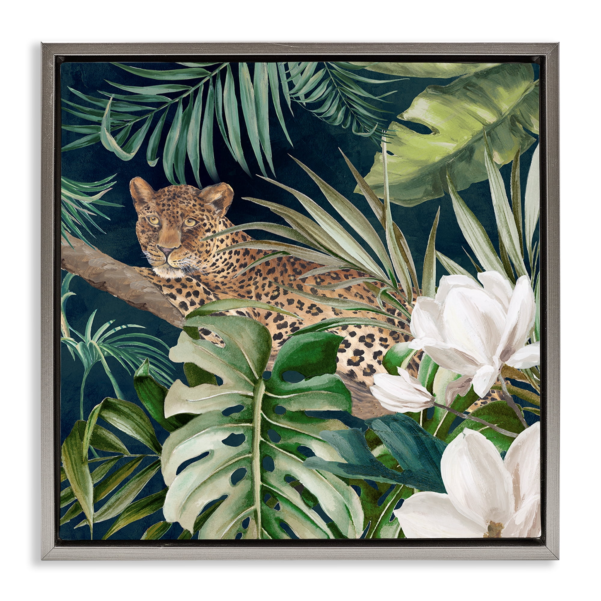 Stupell Industries Tropical Jungle Leopard Animals Painting Gray Floater Framed Canvas Art Print Wall Art, 18 x 18