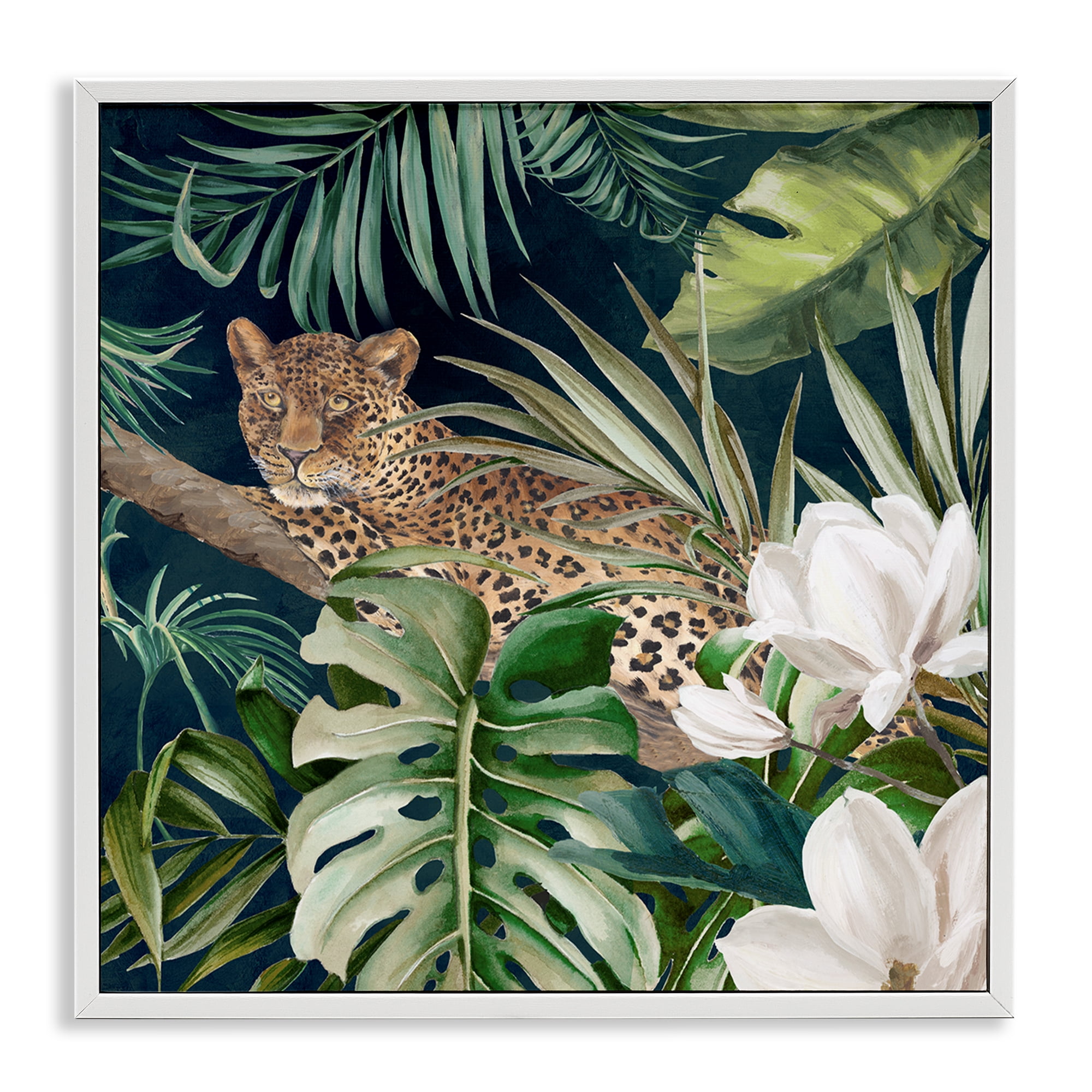 Stupell Industries Tropical Jungle Leopard Animals Painting White Framed Art Print Wall Art, 24 x 24