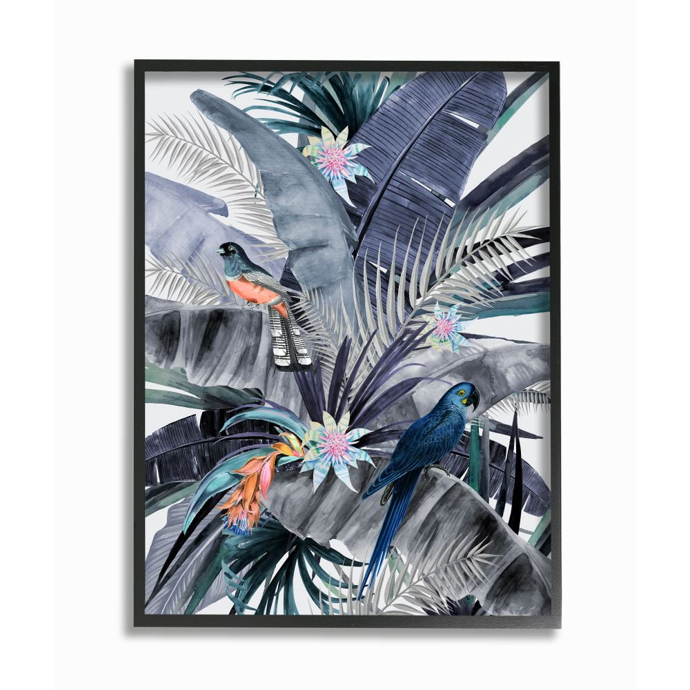 Tropical Jungle Parrot Bird Floral Canvas Print in Black Frame