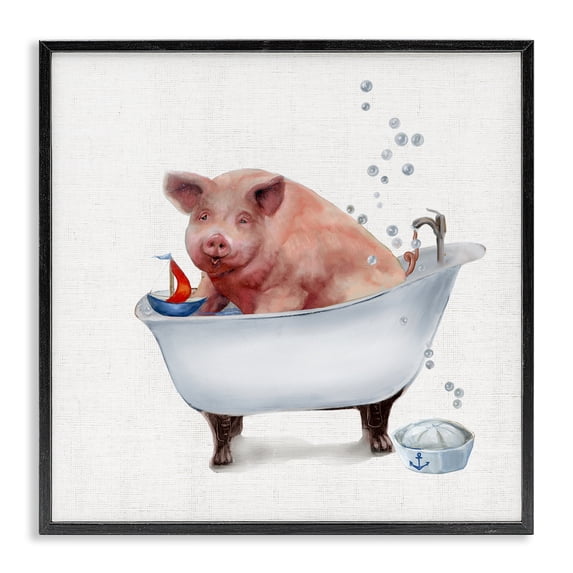Stupell Industries Tropical Large Farm Pig in Bathtub Sailors Hat Bubbles Black Framed Giclee Art, 12 x 12, by Donna Brooks