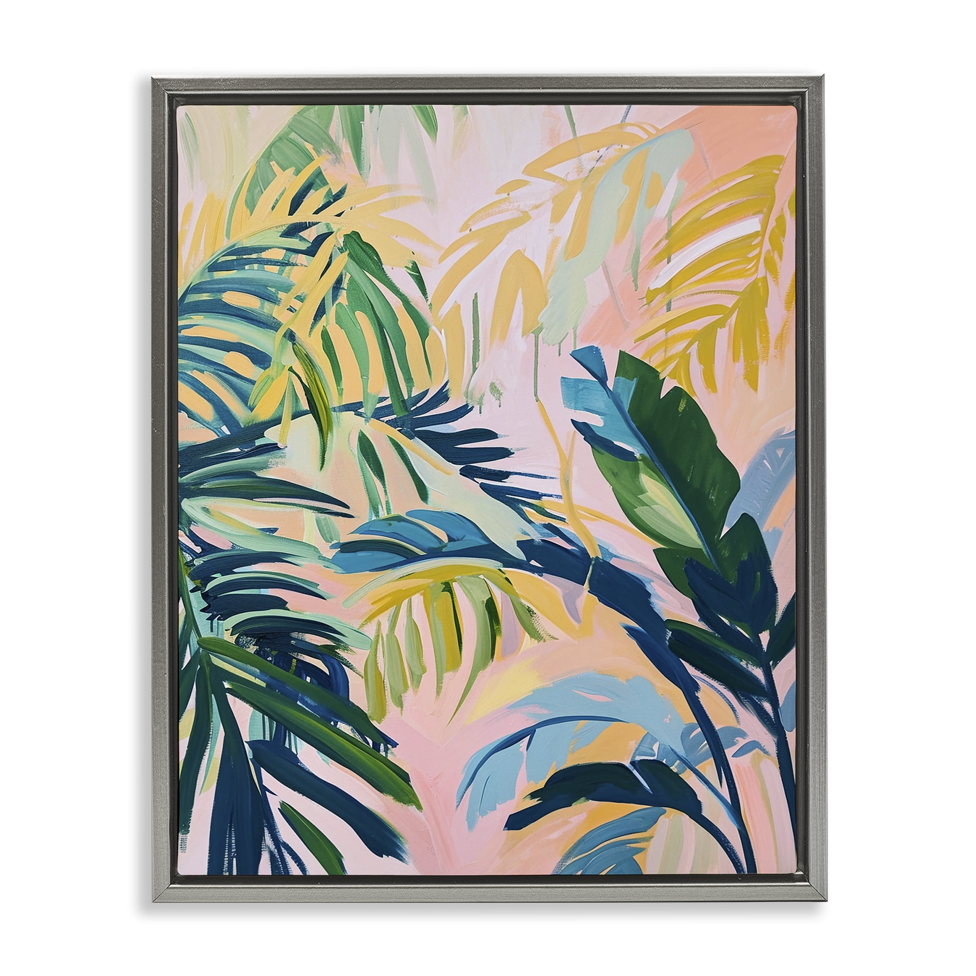Stupell Industries Tropical Leaf Impressions Botanical & Floral Painting Gray Floater Framed Canvas Art Print Wall Art, 17 x 21