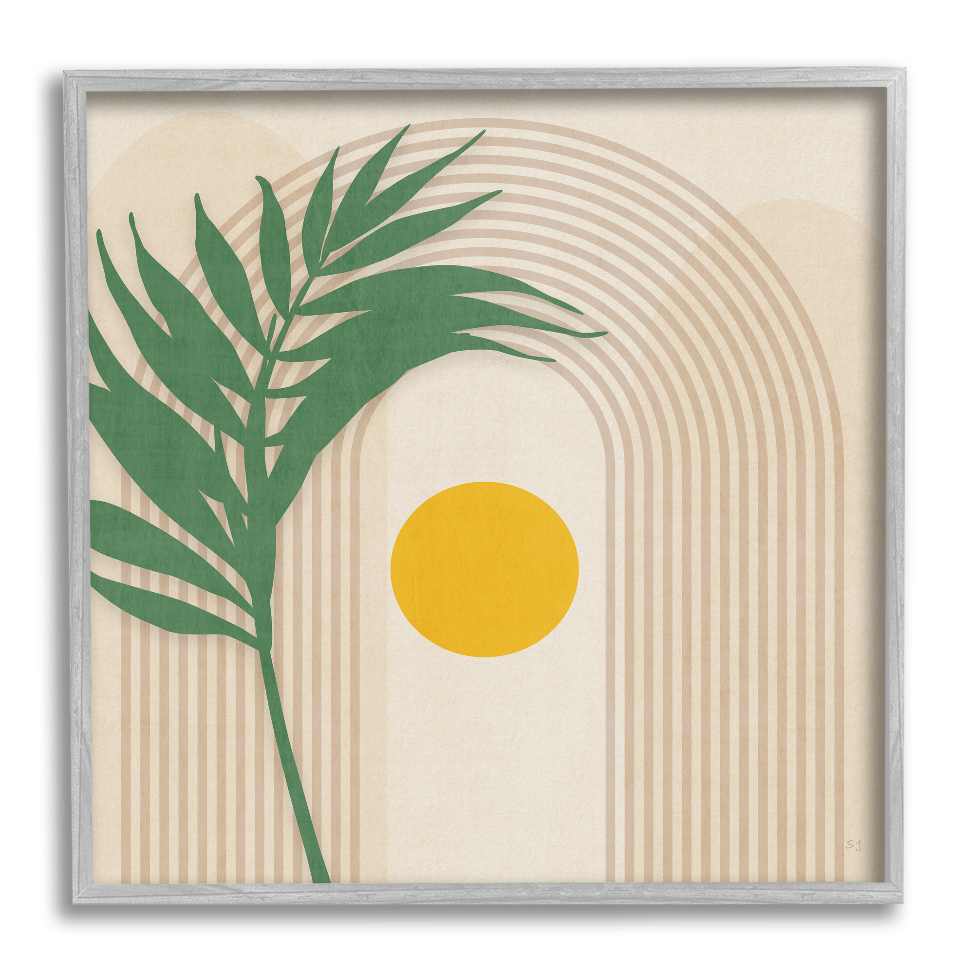 Stupell Industries Tropical Leaf with Arch Botanical & Floral Painting Gray Framed Art Print Wall Art, 12 x 12