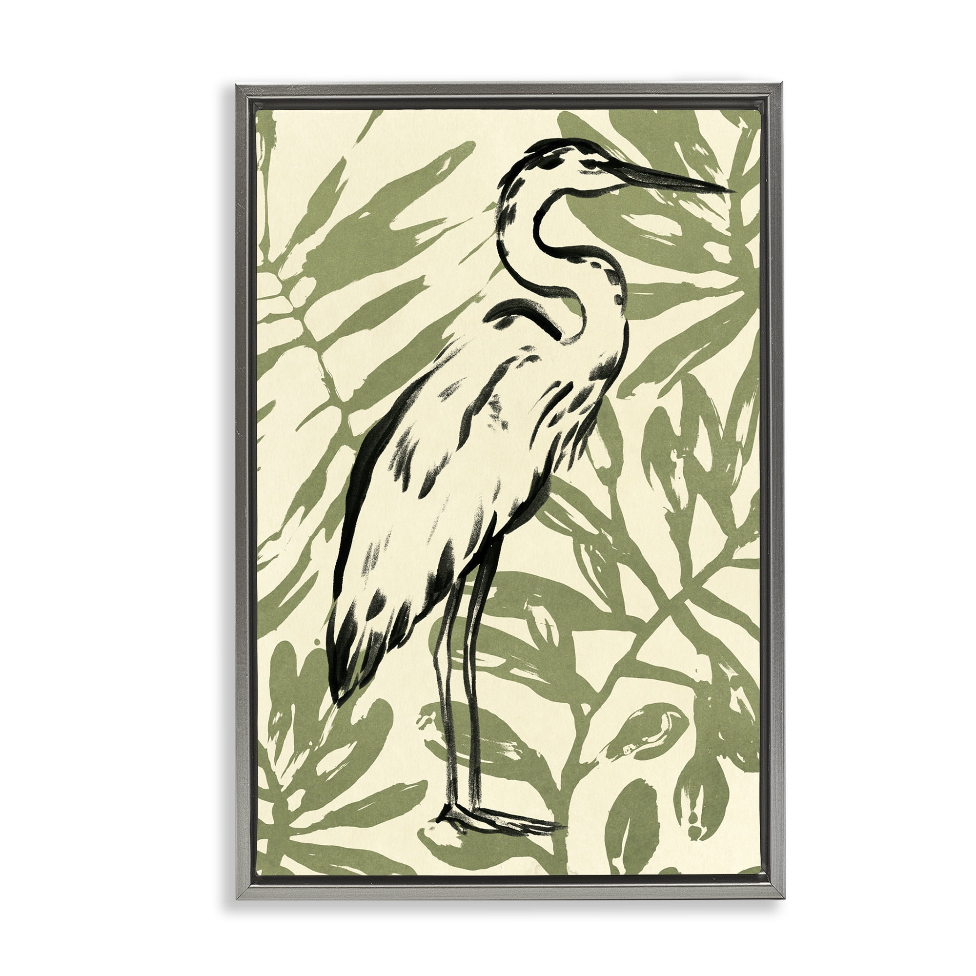 Stupell Industries Tropical Leaves & Bird Animals & Insects Painting Gray Floater Framed Canvas Art Print Wall Art, 17 x 25