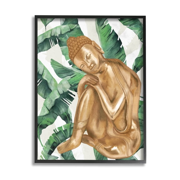 Stupell Industries Tropical Leaves Pattern Buddha Graphic Art Black Framed Art Print Wall Art, Design by Lil' Rue