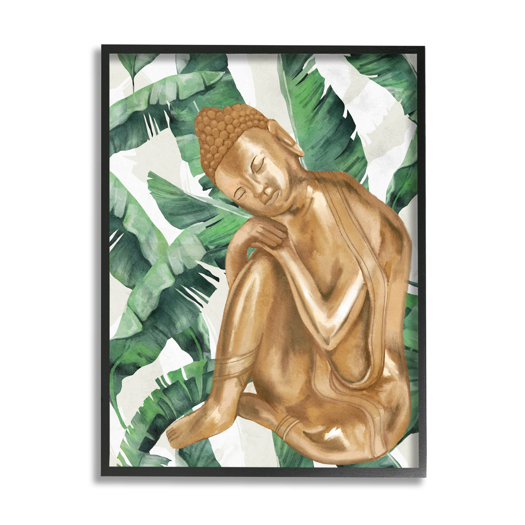 Stupell Industries Tropical Leaves Pattern Buddha Graphic Art Black Framed Art Print Wall Art, Design by Lil' Rue