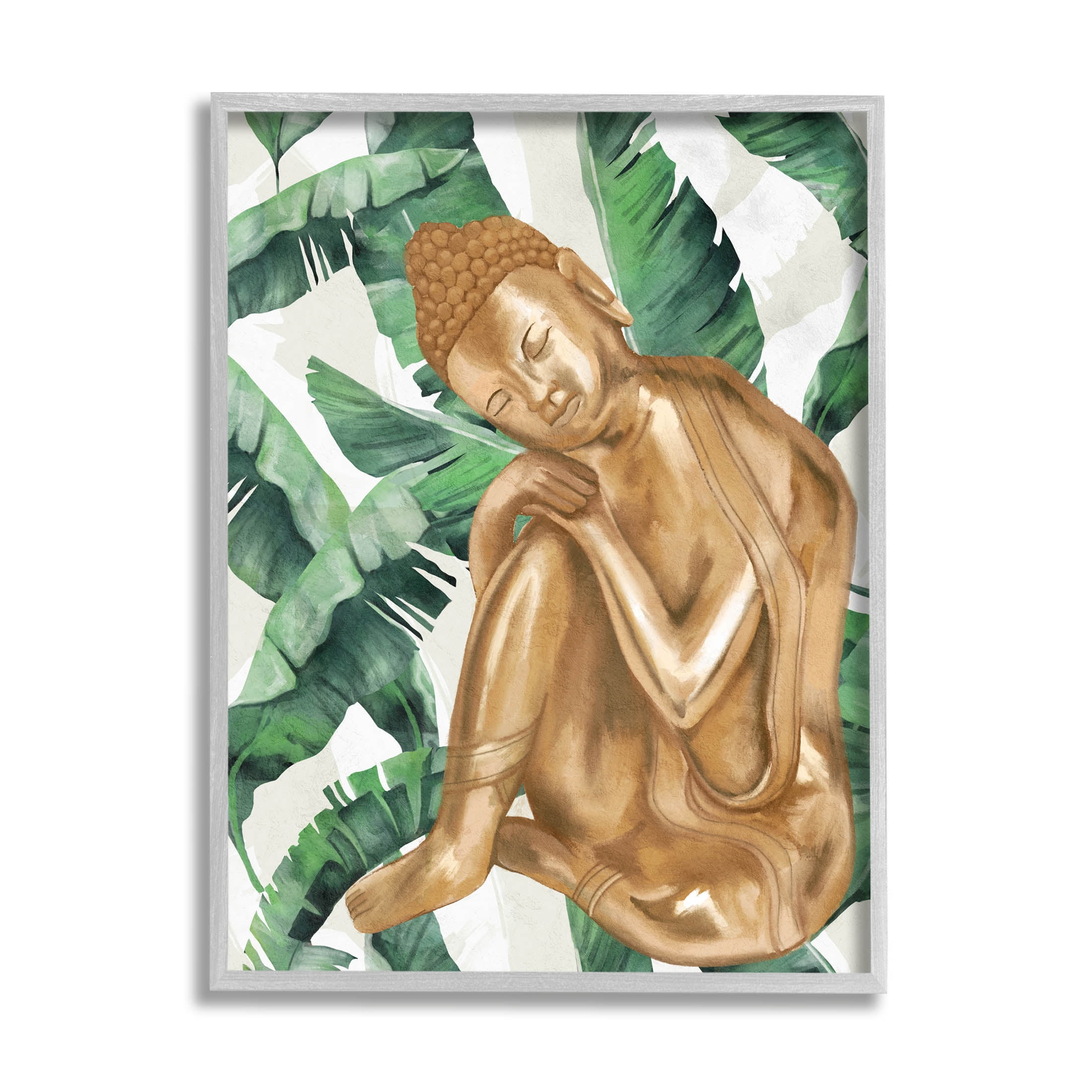 Stupell Industries Tropical Leaves Pattern Buddha Graphic Art Gray Framed Art Print Wall Art, Design by Lil' Rue