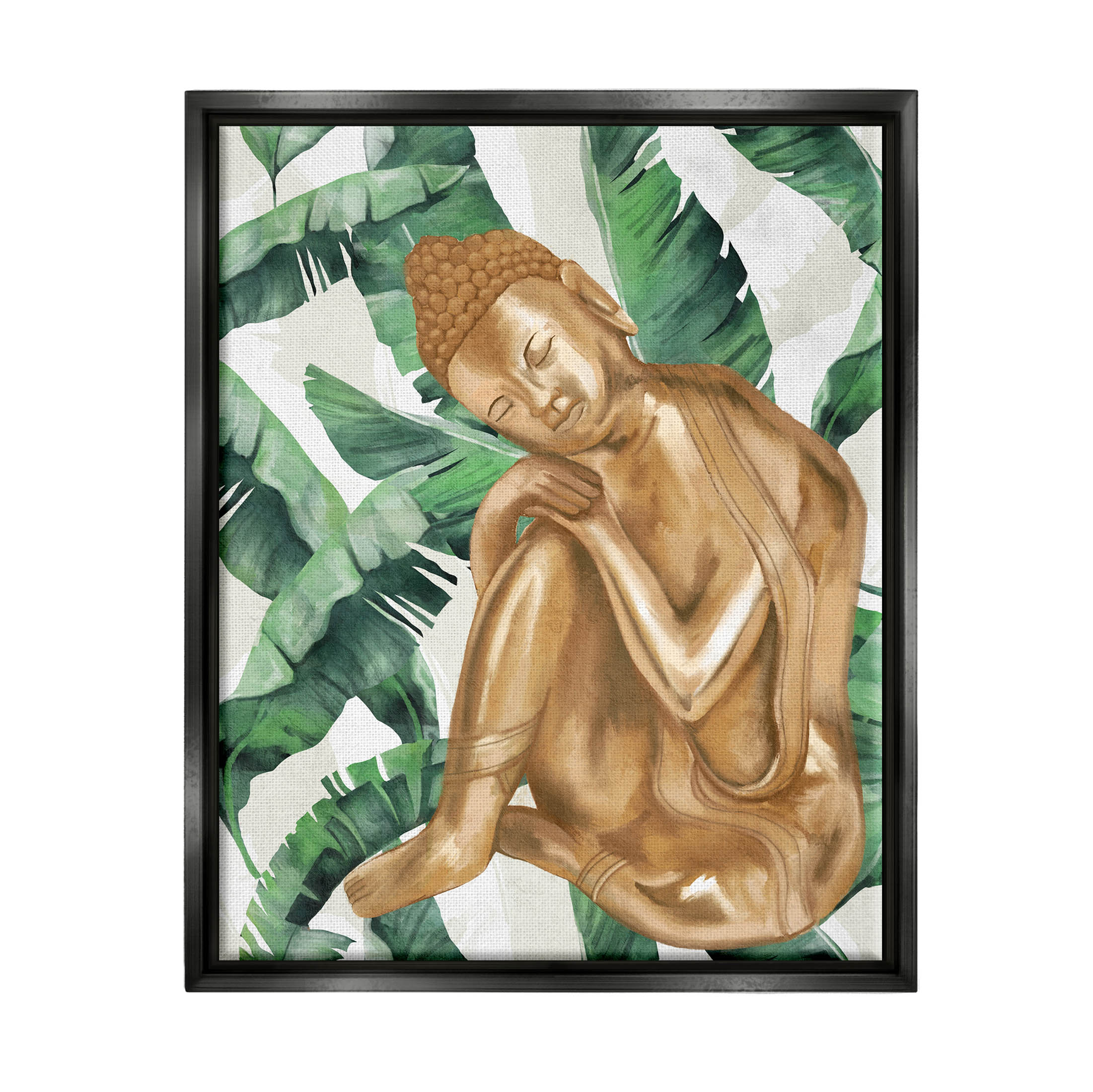 Stupell Industries Tropical Leaves Pattern Buddha Graphic Art Jet Black Floating Framed Canvas Print Wall Art, Design by Lil' Rue