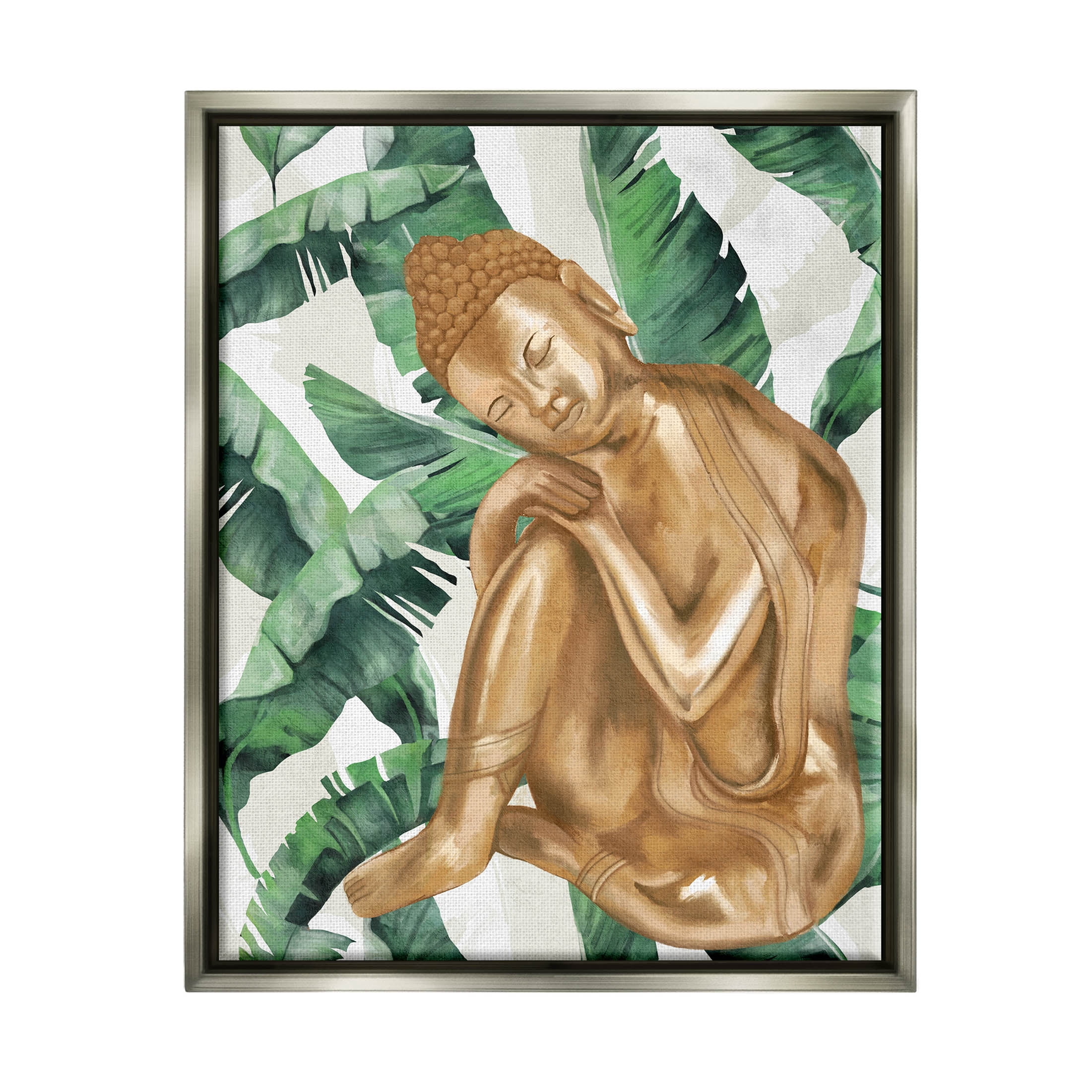 Stupell Industries Tropical Leaves Pattern Buddha Graphic Art Luster Gray Floating Framed Canvas Print Wall Art, Design by Lil' Rue