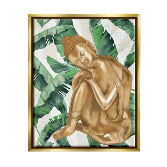Stupell Industries Tropical Leaves Pattern Buddha Graphic Art Metallic Gold Floating Framed Canvas Print Wall Art, Design by Lil' Rue