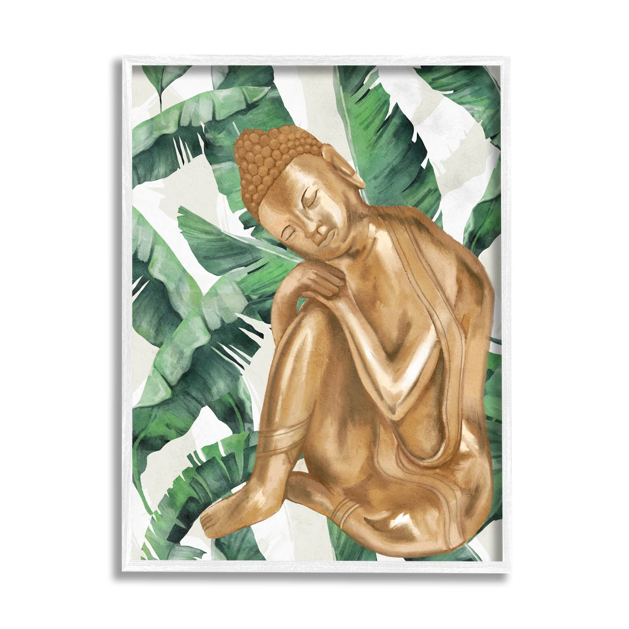 Stupell Industries Tropical Leaves Pattern Buddha Graphic Art White Framed Art Print Wall Art, Design by Lil' Rue