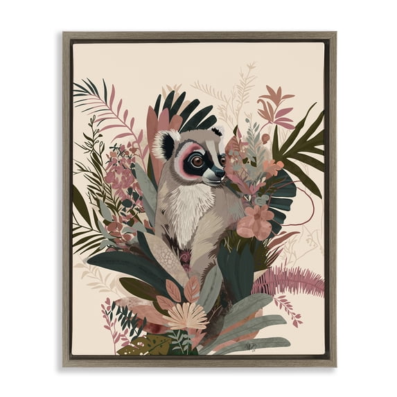 Stupell Industries Tropical Lemur with Hibiscus Plants Brown Floating Frame Canvas Art, 25 x 31, by Fab Funky