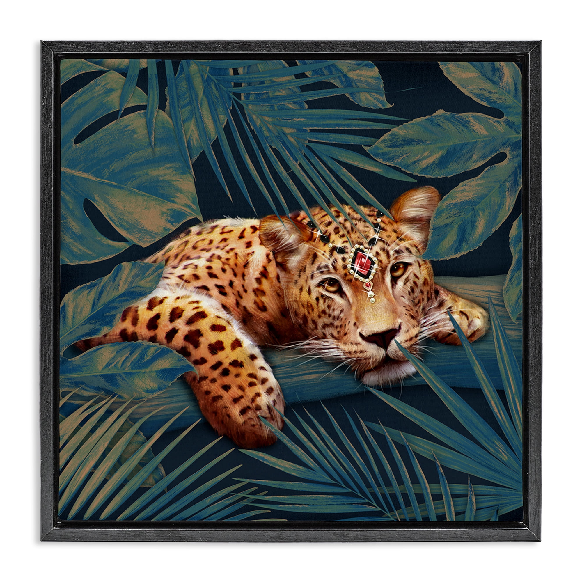 Stupell Industries Tropical Leopard with Glitz Gem Animals & Insects Painting Black Floater Framed Canvas Art Print Wall Art, 18 x 18