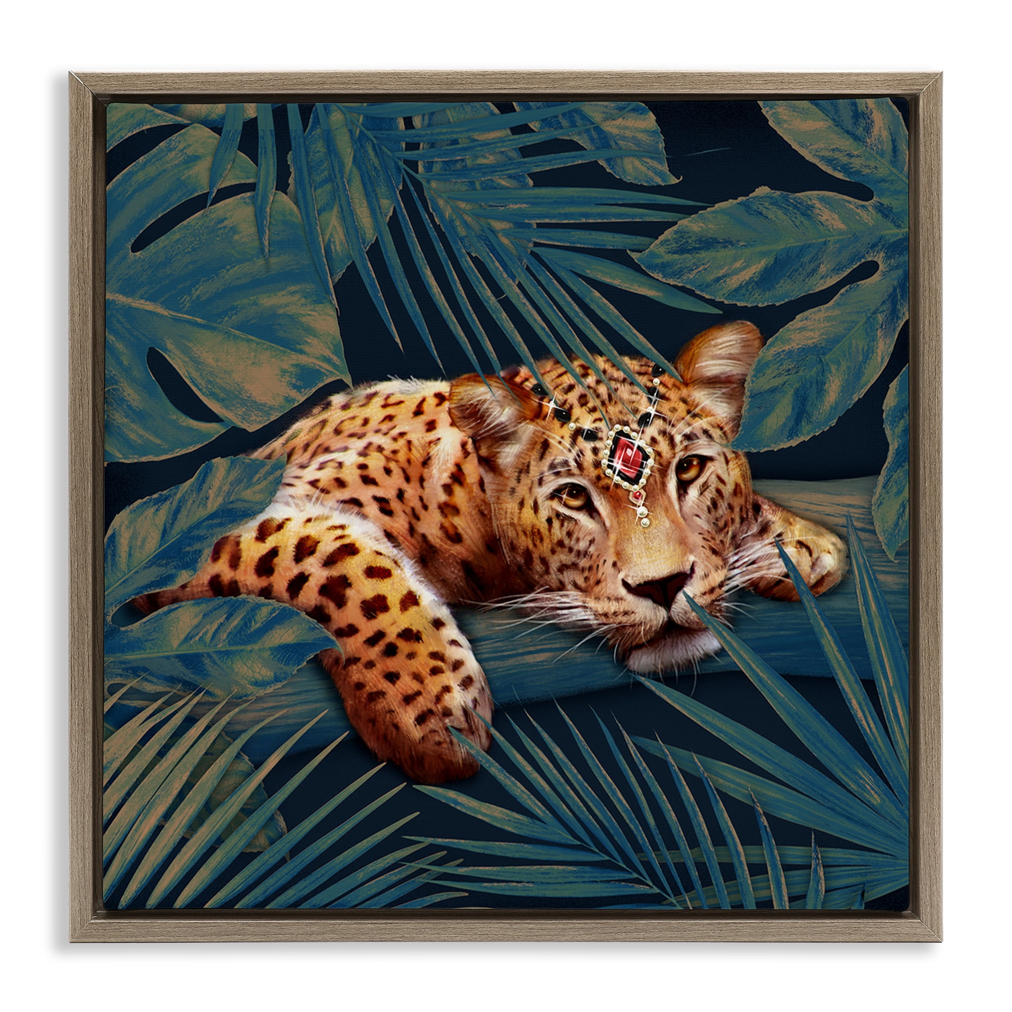 Stupell Industries Tropical Leopard with Glitz Gem Animals & Insects Painting Brown Floater Framed Canvas Art Print Wall Art, 18 x 18