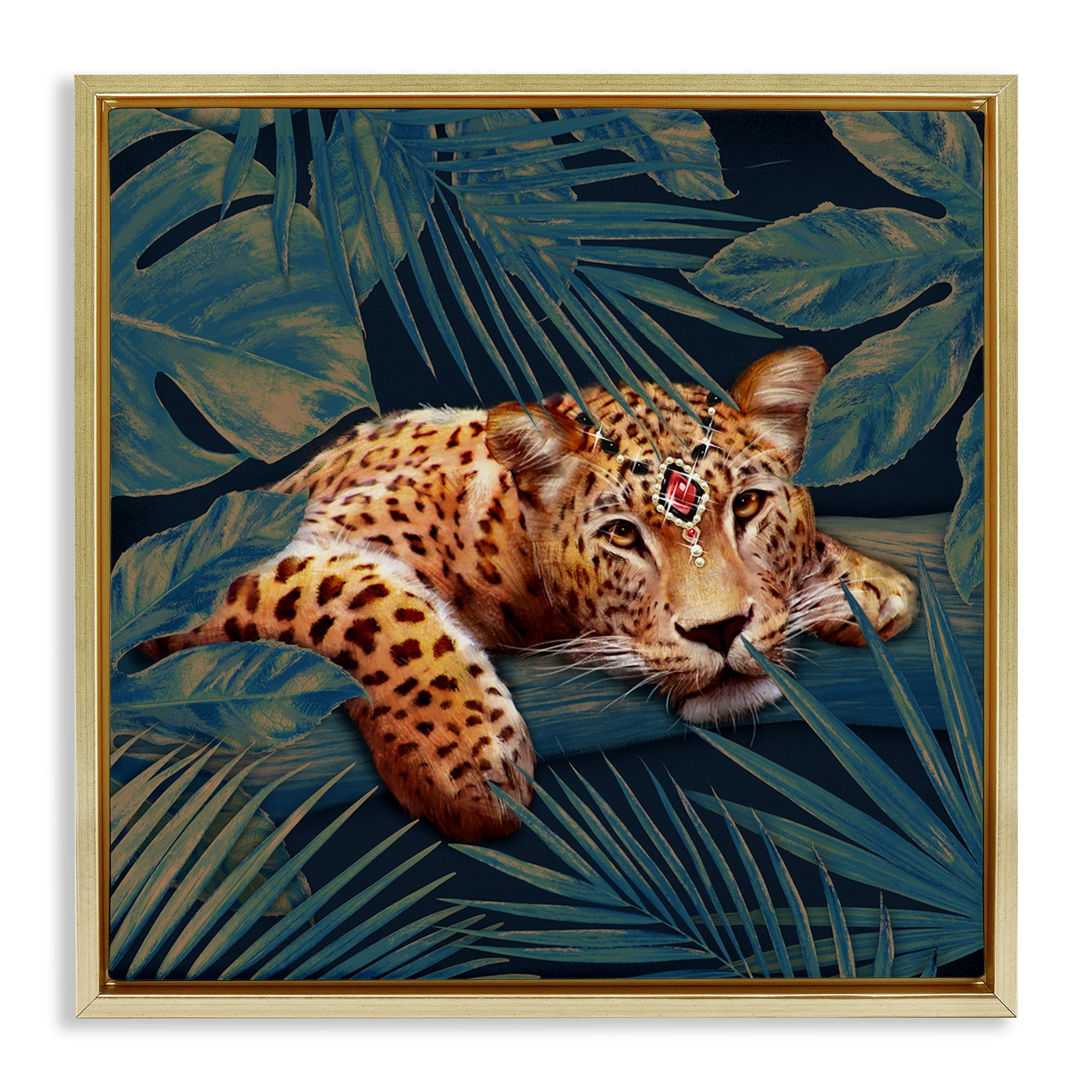 Stupell Industries Tropical Leopard with Glitz Gem Animals & Insects Painting Gold Floater Framed Canvas Art Print Wall Art, 25 x 25