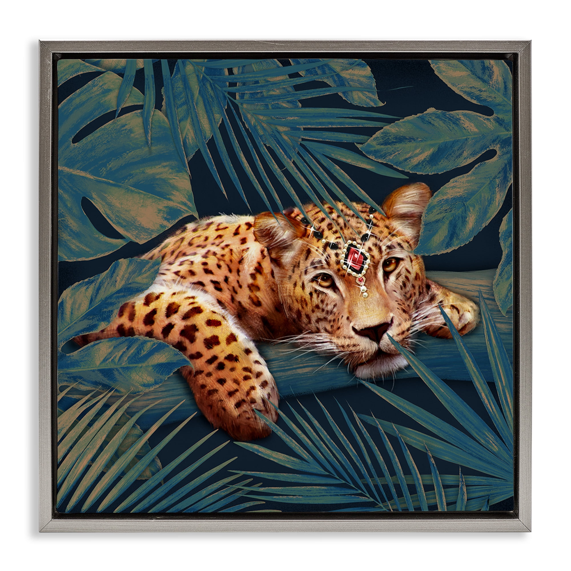Stupell Industries Tropical Leopard with Glitz Gem Animals & Insects Painting Gray Floater Framed Canvas Art Print Wall Art, 25 x 25