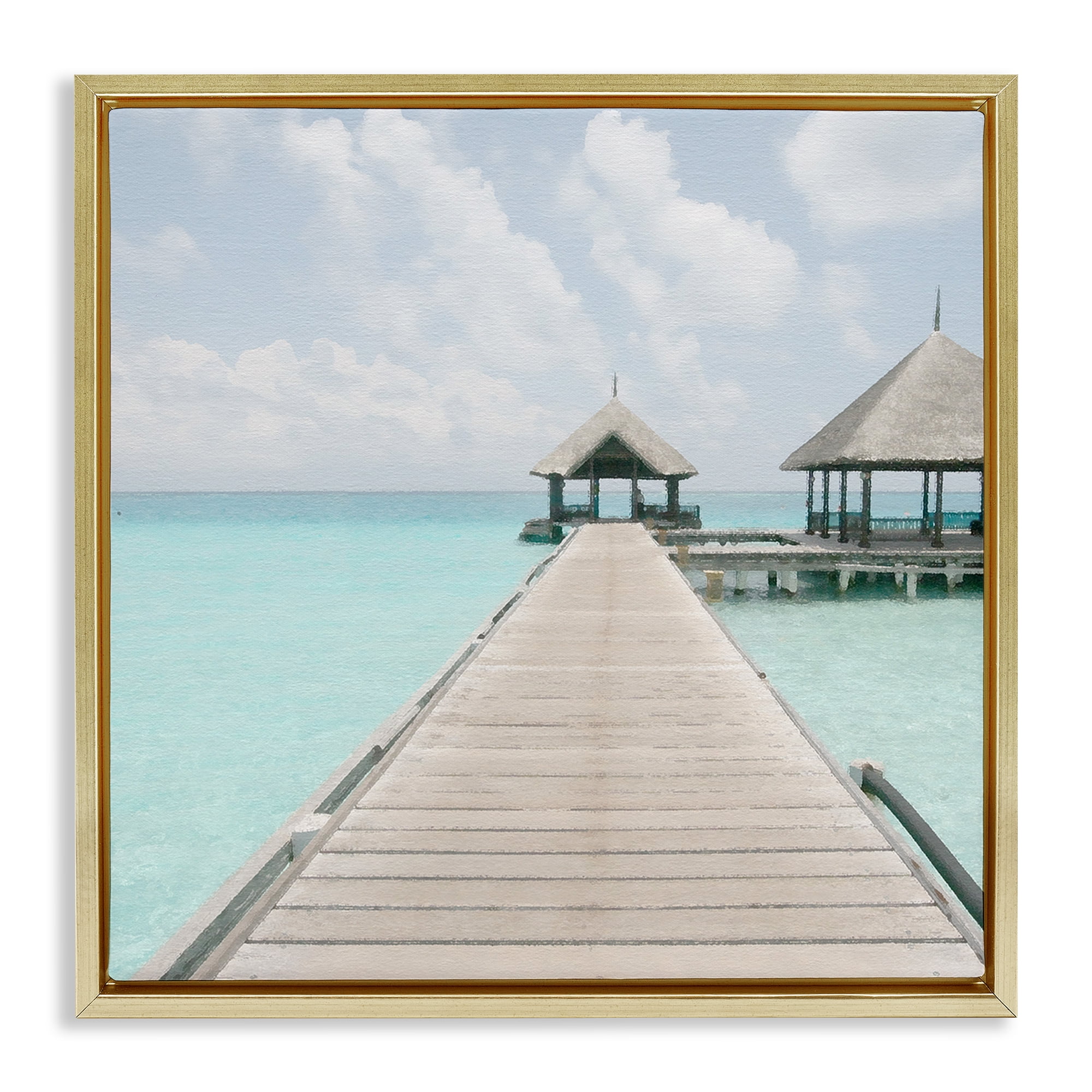 Stupell Industries Tropical Long Pier Coastal Photography Gold Floater Framed Canvas Art Print Wall Art, 18 x 18