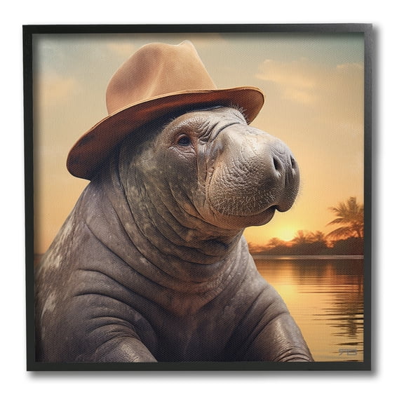 Stupell Industries Tropical Manatee at Sunset Animals & Insects Painting Black Framed Art Print Wall Art, 24 x 24