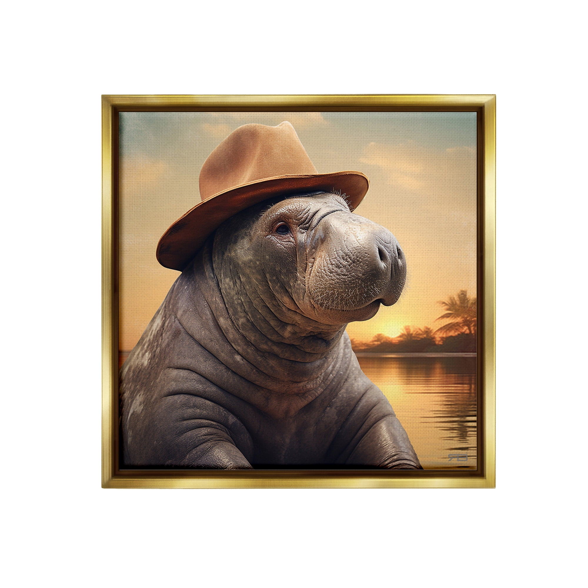 Stupell Industries Tropical Manatee at Sunset Animals & Insects Painting Gold Floater Framed Canvas Art Print Wall Art, 25 x 25