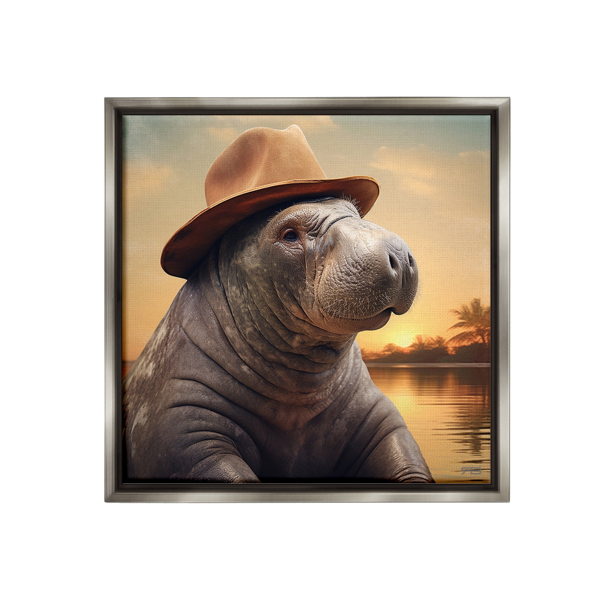 Stupell Industries Tropical Manatee at Sunset Animals & Insects Painting Gray Floater Framed Canvas Art Print Wall Art, 25 x 25