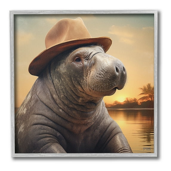 Stupell Industries Tropical Manatee at Sunset Animals & Insects Painting Gray Framed Art Print Wall Art, 17 x 17
