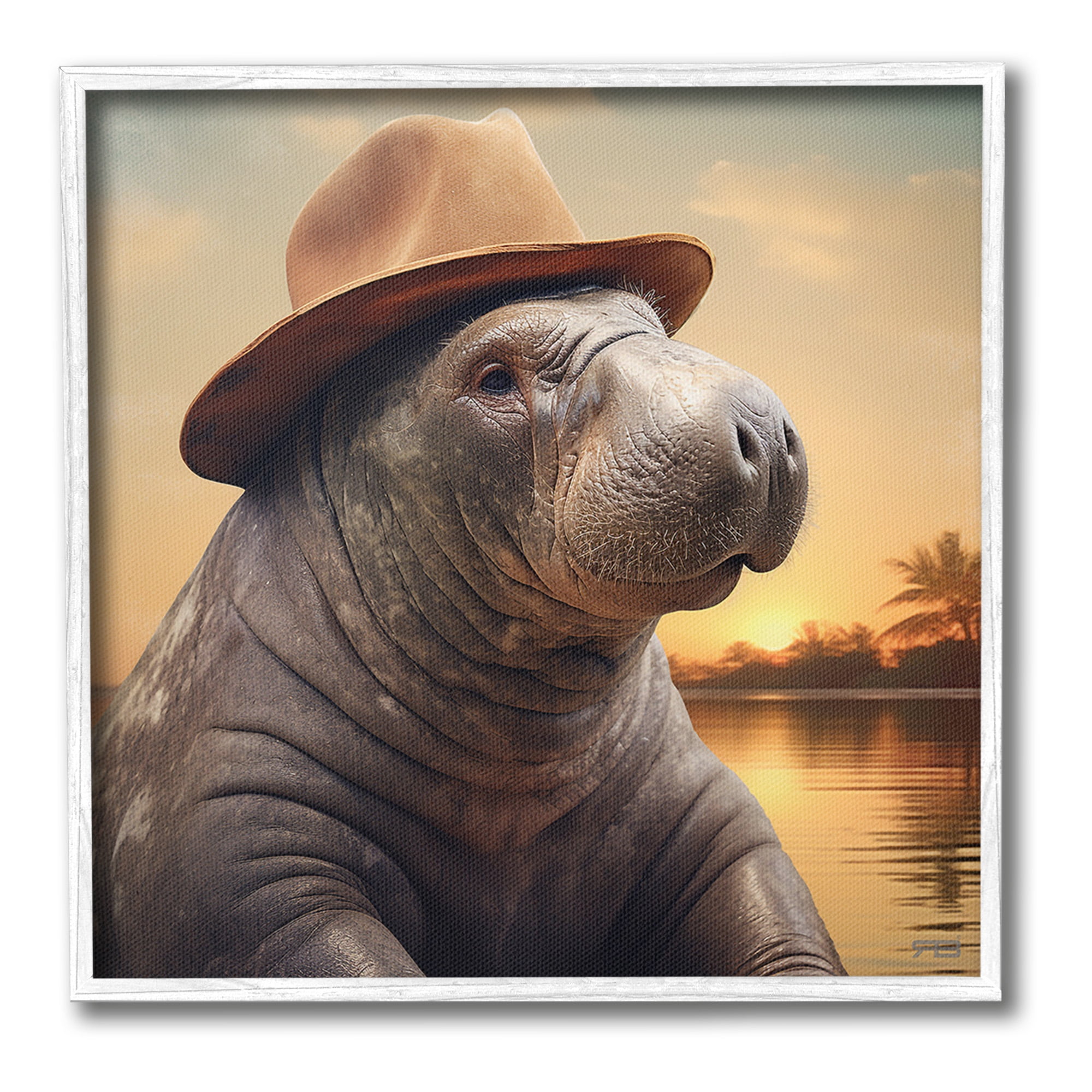 Stupell Industries Tropical Manatee at Sunset Animals & Insects Painting White Framed Art Print Wall Art, 12 x 12