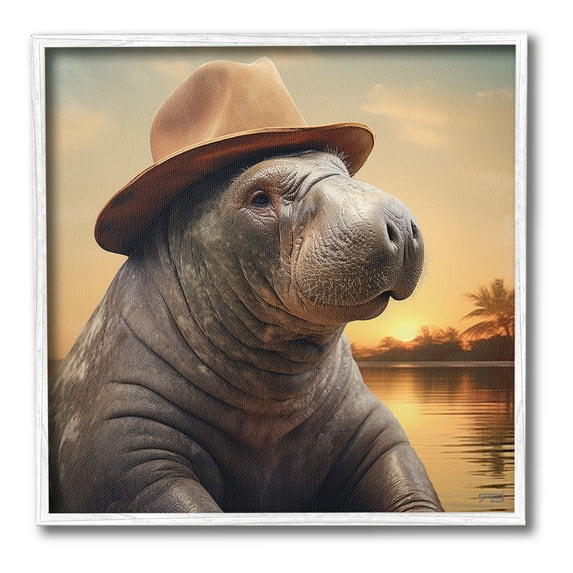 Stupell Industries Tropical Manatee at Sunset Animals & Insects Painting White Framed Art Print Wall Art, 24 x 24
