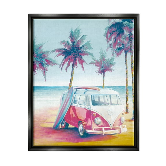 Stupell Industries Tropical Minibus on Beach Transportation Painting Black Floater Framed Canvas Art Print Wall Art, 17 x 21