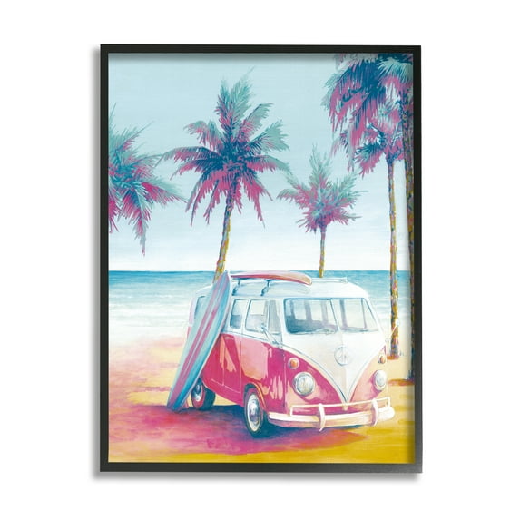Stupell Industries Tropical Minibus on Beach Transportation Painting Black Framed Art Print Wall Art, 24 x 30