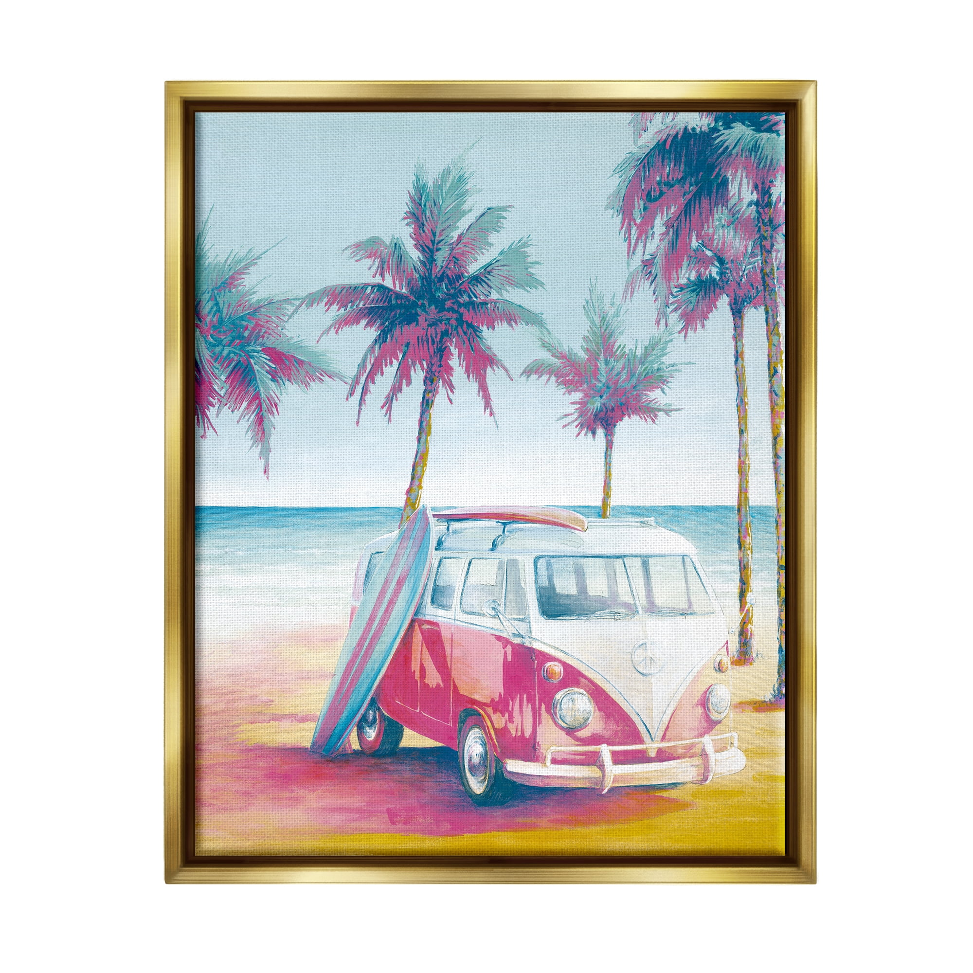 Stupell Industries Tropical Minibus on Beach Transportation Painting Gold Floater Framed Canvas Art Print Wall Art, 25 x 31
