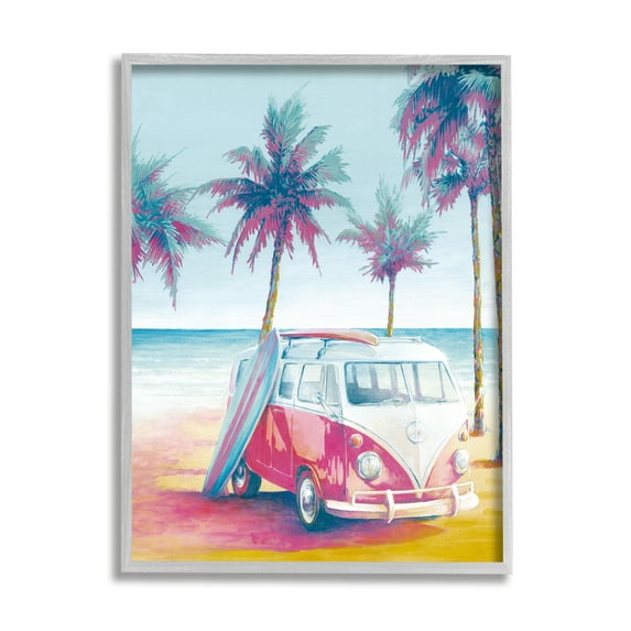 Stupell Industries Tropical Minibus on Beach Transportation Painting Gray Framed Art Print Wall Art, 24 x 30