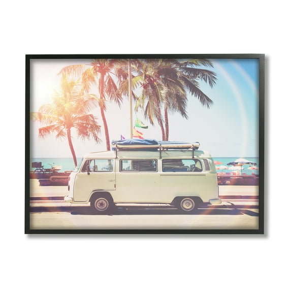 Stupell Industries Tropical Minibus on Beach Transportation Photography Black Framed Art Print Wall Art, 14 x 11