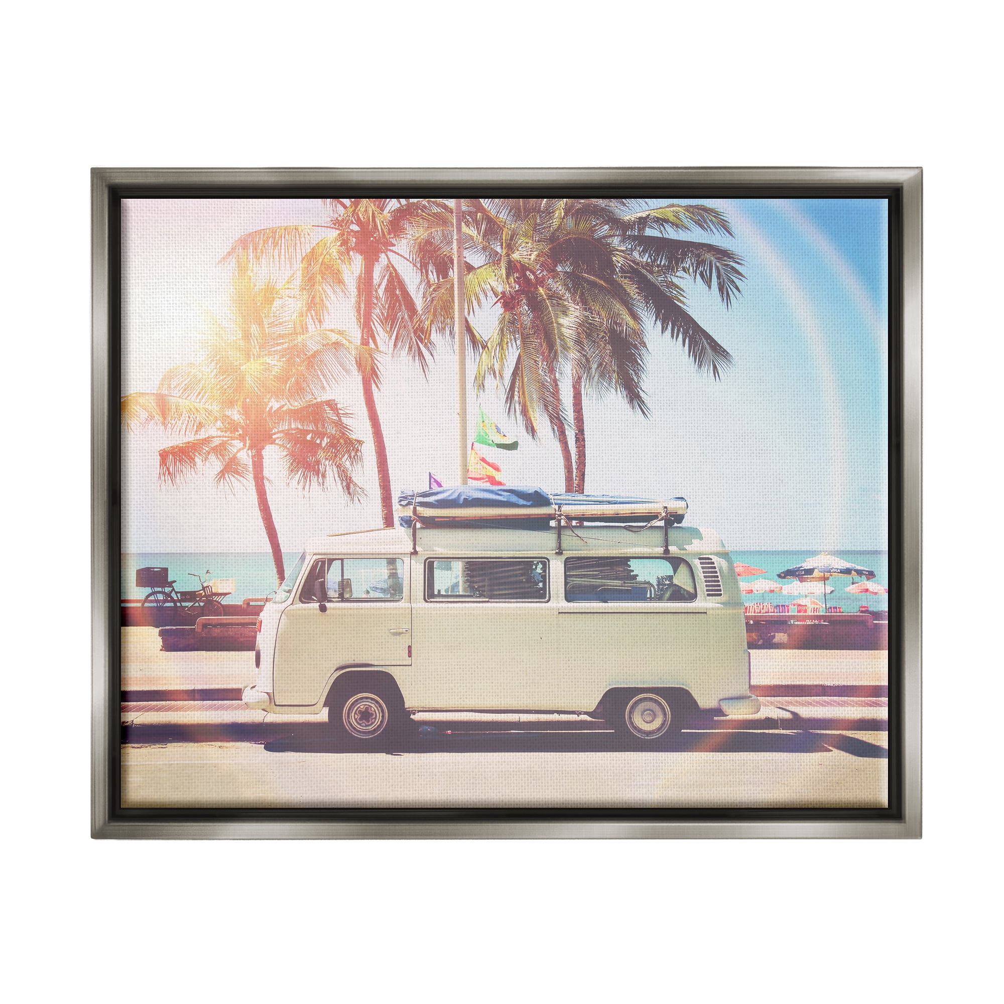 Stupell Industries Tropical Minibus on Beach Transportation Photography Gray Floater Framed Art Print Wall Art, 21 x 17