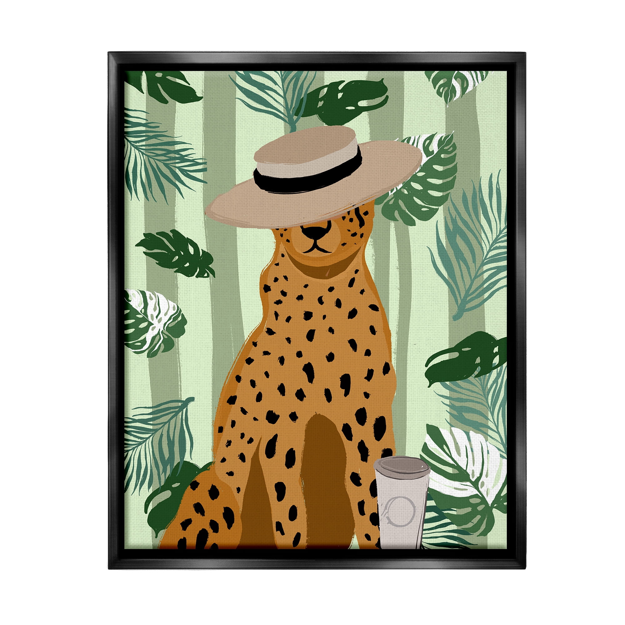 Stupell Industries Tropical Modern Leopard Animals & Insects Painting Black Floater Framed Canvas Art Print Wall Art, 25 x 31