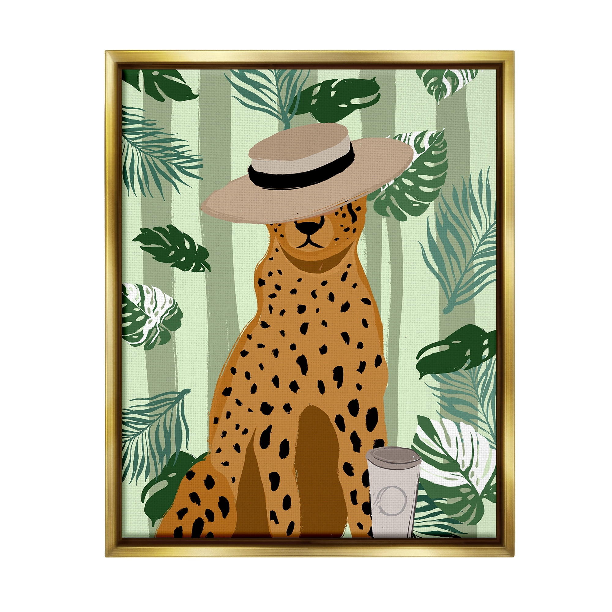 Stupell Industries Tropical Modern Leopard Animals & Insects Painting Gold Floater Framed Canvas Art Print Wall Art, 17 x 21