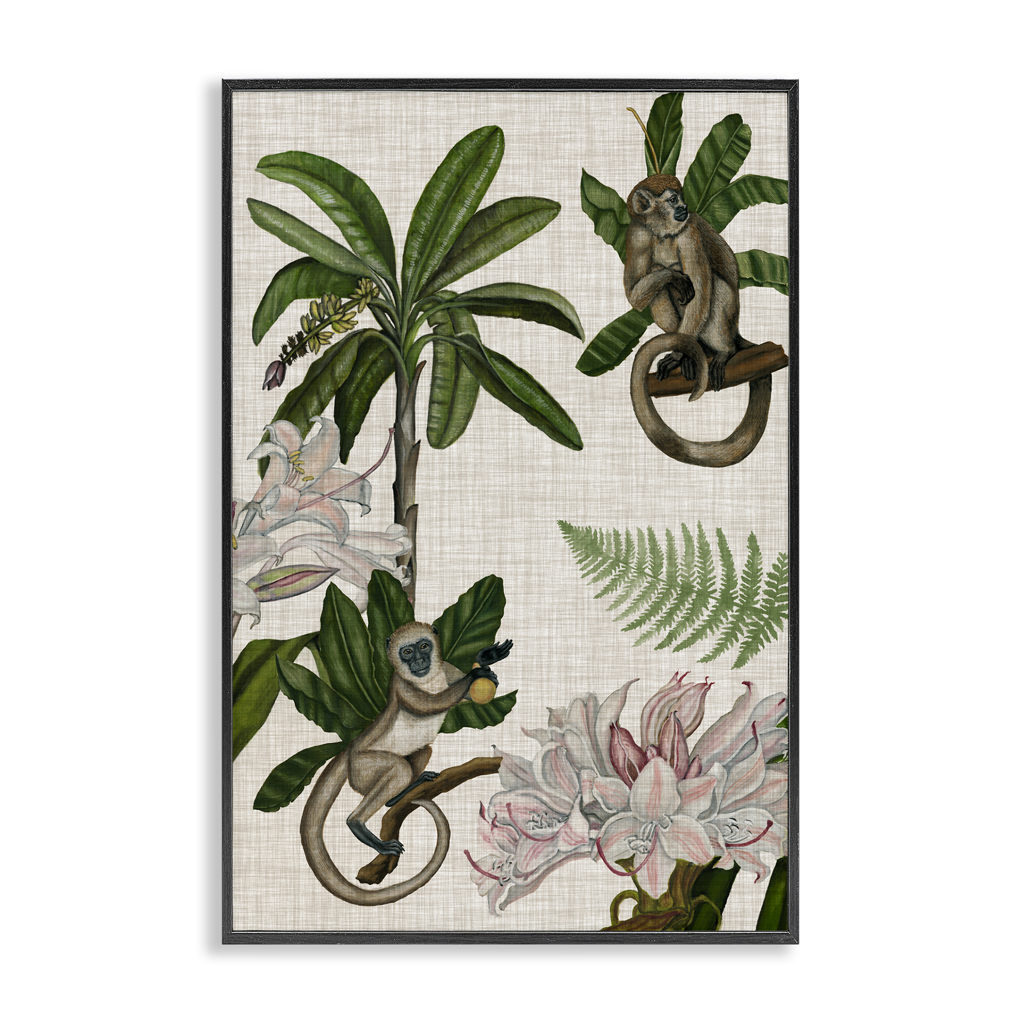 Stupell Industries Tropical Monkey Studies Plants & Flowers Painting Black Framed Art Print Wall Art, 16 x 24