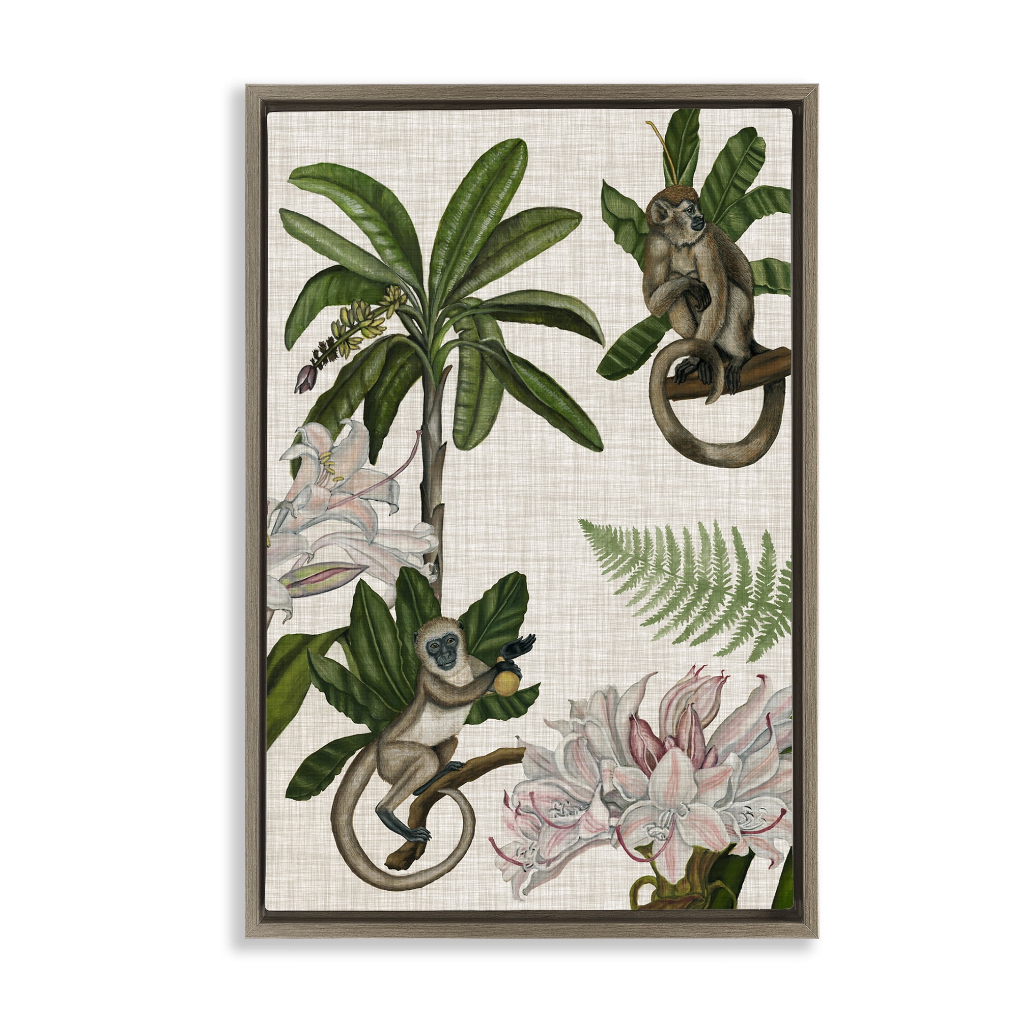 Stupell Industries Tropical Monkey Studies Plants & Flowers Painting Brown Floater Framed Canvas Art Print Wall Art, 21 x 31