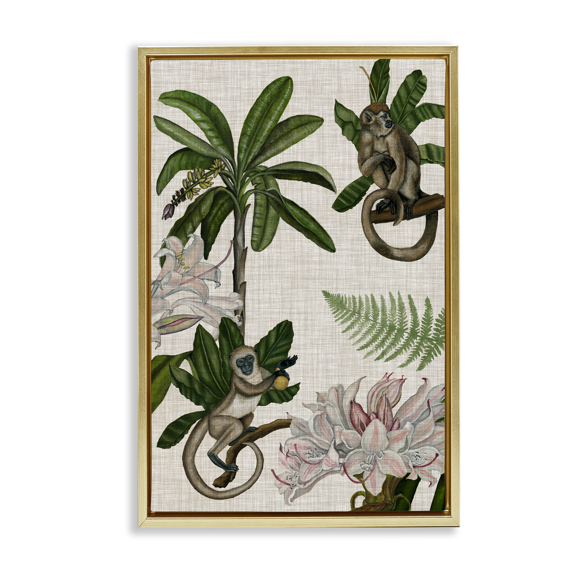Stupell Industries Tropical Monkey Studies Plants & Flowers Painting Gold Floater Framed Canvas Art Print Wall Art, 17 x 25