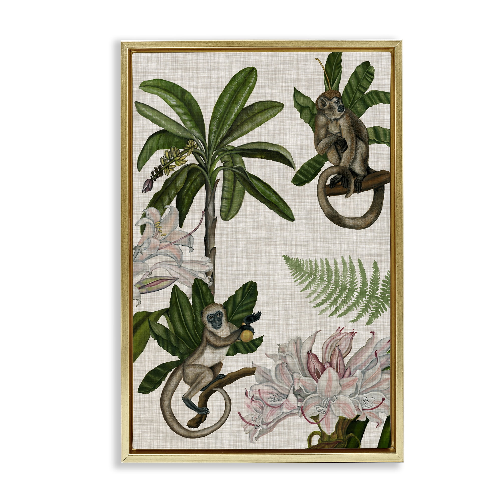 Stupell Industries Tropical Monkey Studies Plants & Flowers Painting Gold Floater Framed Canvas Art Print Wall Art, 21 x 31